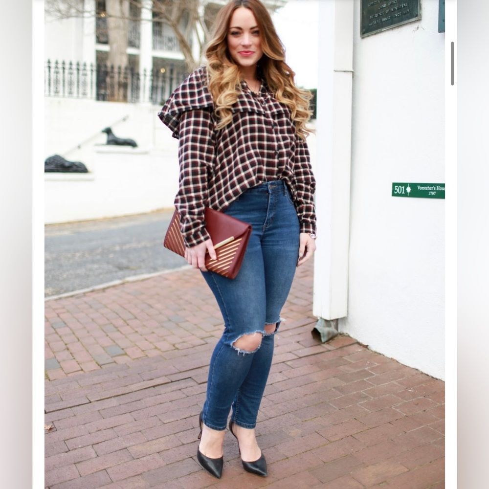 Monki Plaid Frill Ruffle Button-down Top Medium - Picture 2 of 10